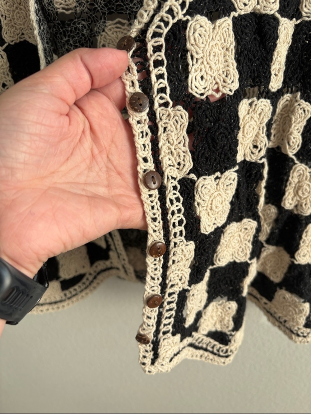 Black & Cream Crochet Checkerboard Button-Front Vest - Picture 2 of 3